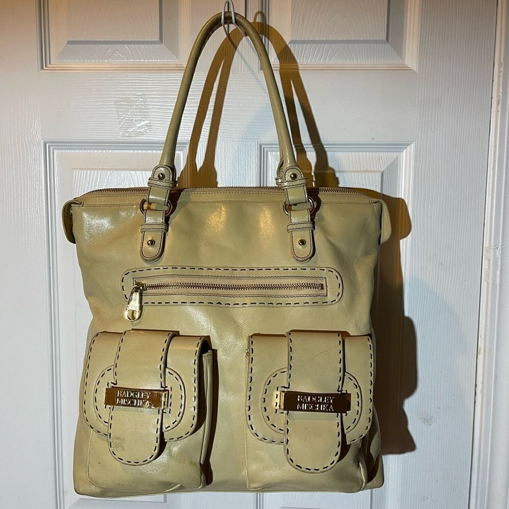 Badgley Mischka leather Beige extra large Satchel gold tone& brown stitch accent